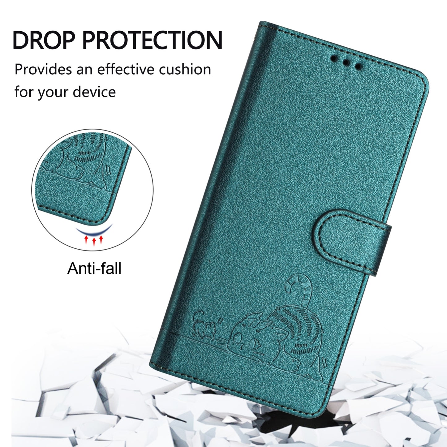 OPPO A54 4G Cat and Rat Embossed Pattern, RFID Leather Phone Case with Lanyard, Kickstand, and Wallet Features