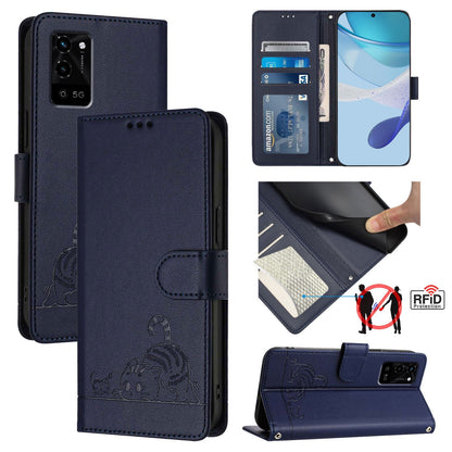 OPPO A54S Cat and Rat Embossed Pattern, RFID Leather Phone Case with Lanyard, Kickstand, and Wallet Features