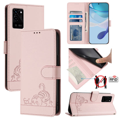 OPPO A16 Cat and Rat Embossed Pattern, RFID Leather Phone Case with Lanyard, Kickstand, and Wallet Features