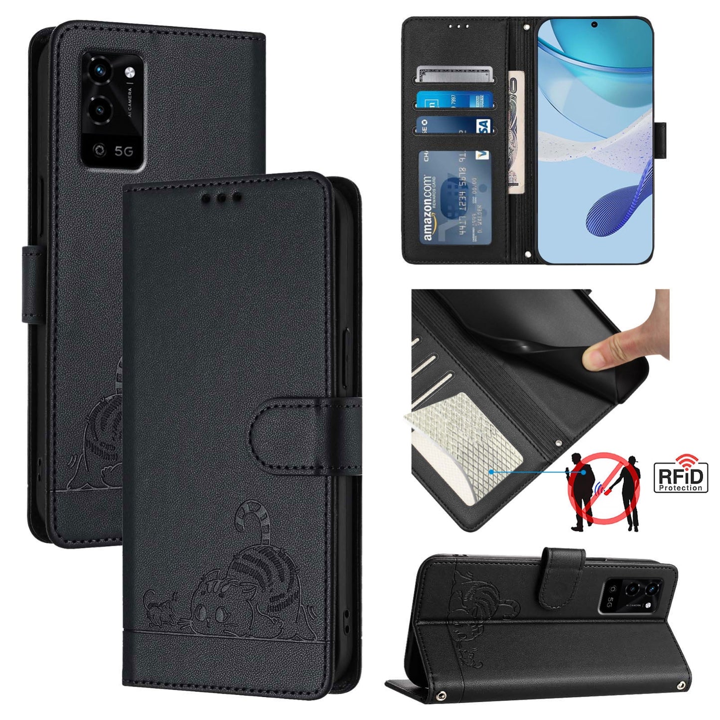 OPPO A53S 5G Cat and Rat Embossed Pattern, RFID Leather Phone Case with Lanyard, Kickstand, and Wallet Features