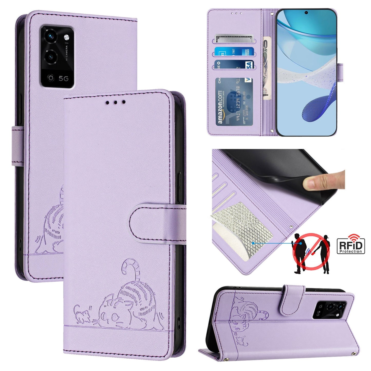 OPPO A56 5G Cat and Rat Embossed Pattern, RFID Leather Phone Case with Lanyard, Kickstand, and Wallet Features