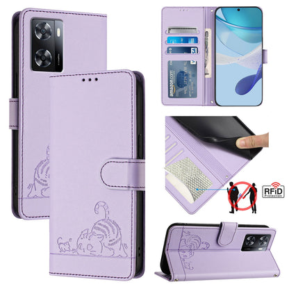 OPPO A77 4G Global Cat and Rat Embossed Pattern, RFID Leather Phone Case with Lanyard, Kickstand, and Wallet Features
