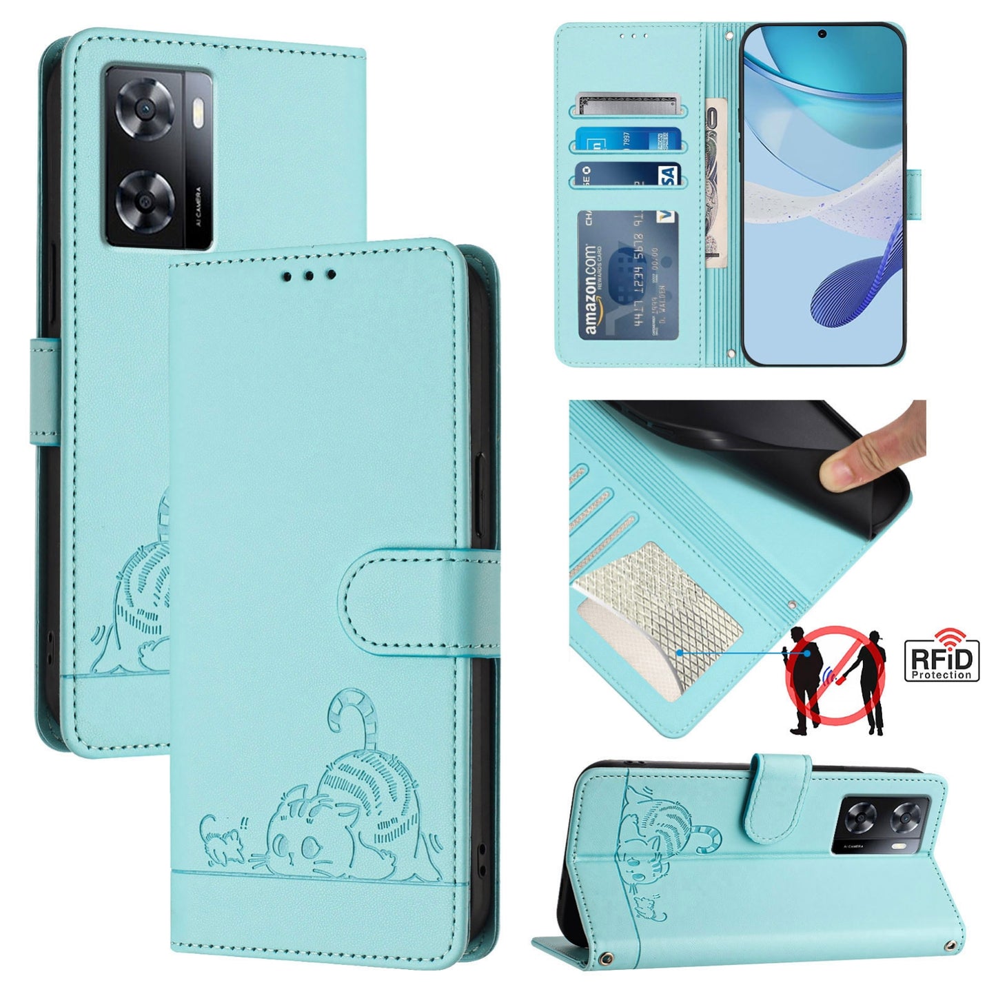 OPPO A57S 4G Global Cat and Rat Embossed Pattern, RFID Leather Phone Case with Lanyard, Kickstand, and Wallet Features