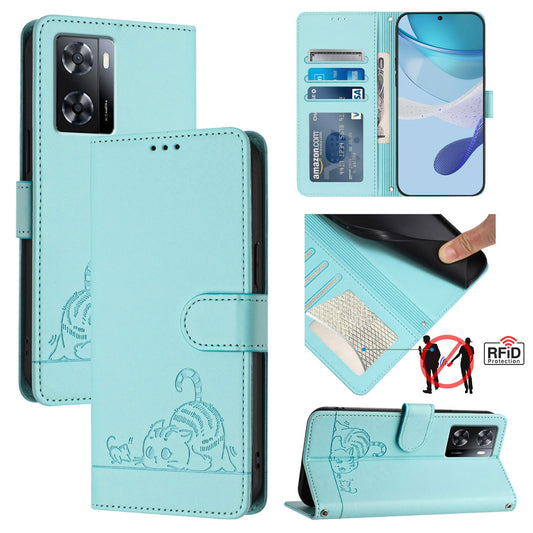 OPPO A77S 4G Cat and Rat Embossed Pattern, RFID Leather Phone Case with Lanyard, Kickstand, and Wallet Features