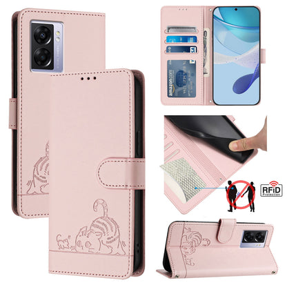 OPPO A97 5G Cat and Rat Embossed Pattern, RFID Leather Phone Case with Lanyard, Kickstand, and Wallet Features