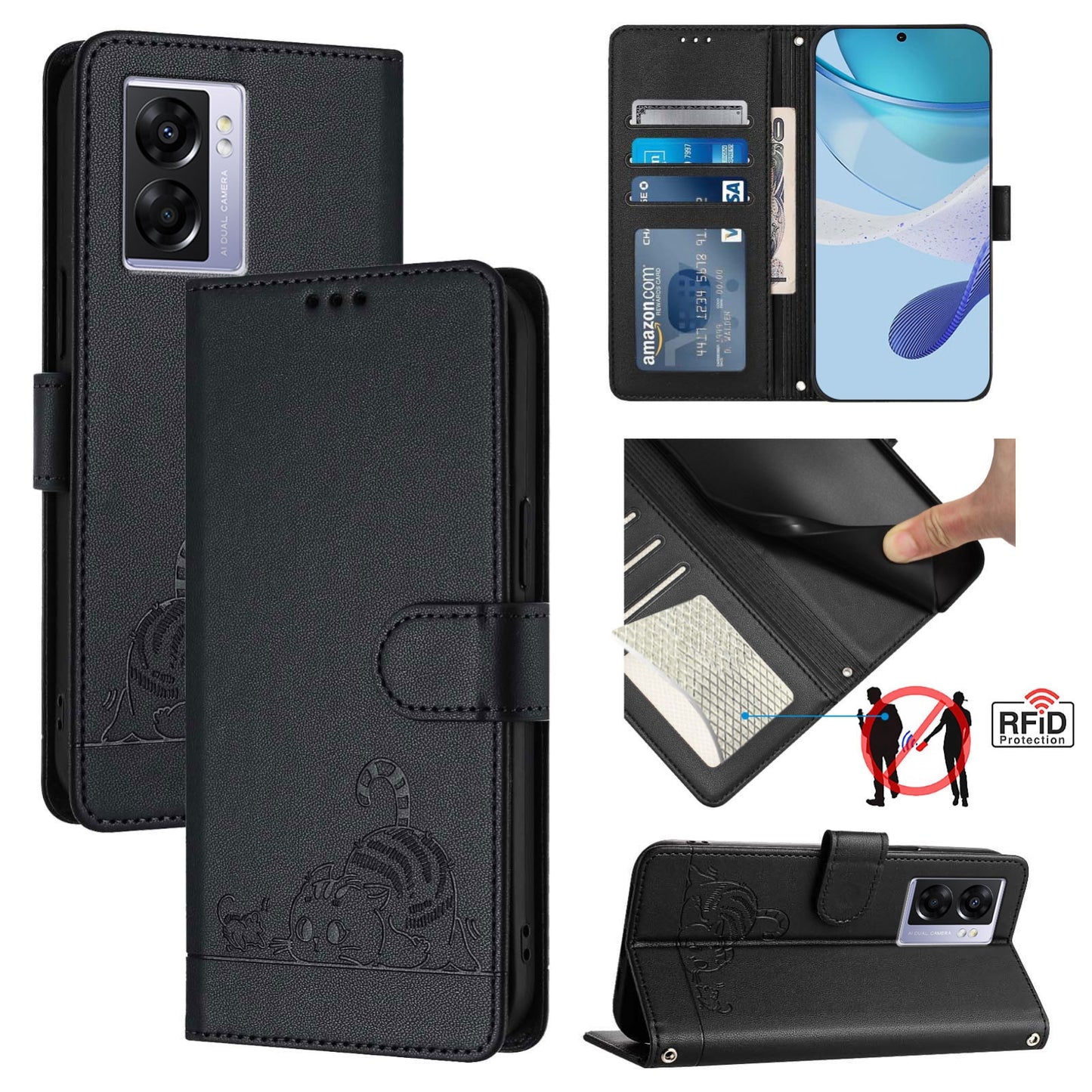 OPPO A97 5G Cat and Rat Embossed Pattern, RFID Leather Phone Case with Lanyard, Kickstand, and Wallet Features
