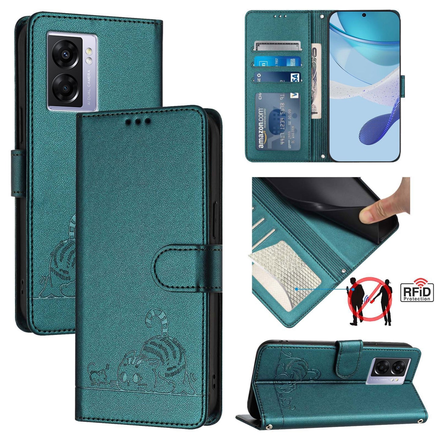 OPPO A97 5G Cat and Rat Embossed Pattern, RFID Leather Phone Case with Lanyard, Kickstand, and Wallet Features