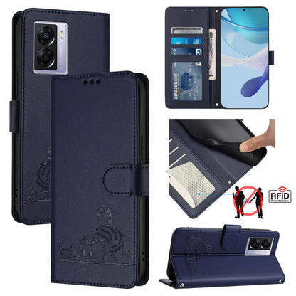 OPPO A97 5G Cat and Rat Embossed Pattern, RFID Leather Phone Case with Lanyard, Kickstand, and Wallet Features