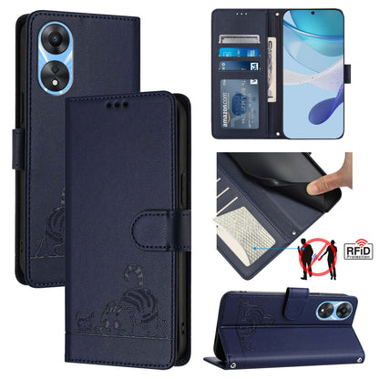 OPPO A78 5G Global Cat and Rat Embossed Pattern, RFID Leather Phone Case with Lanyard, Kickstand, and Wallet Features