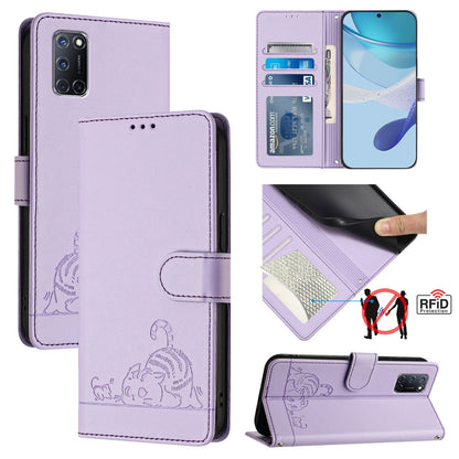 OPPO A52 Cat and Rat Embossed Pattern, RFID Leather Phone Case with Lanyard, Kickstand, and Wallet Features