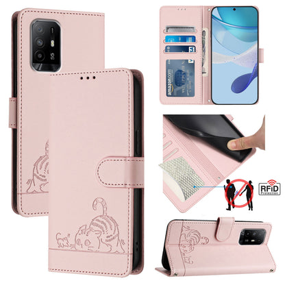 OPPO F19 Cat and Rat Embossed Pattern, RFID Leather Phone Case with Lanyard, Kickstand, and Wallet Features