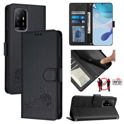 OPPO A74 4G Cat and Rat Embossed Pattern, RFID Leather Phone Case with Lanyard, Kickstand, and Wallet Features