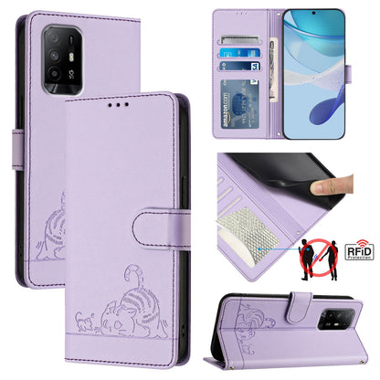 OPPO F19 Cat and Rat Embossed Pattern, RFID Leather Phone Case with Lanyard, Kickstand, and Wallet Features