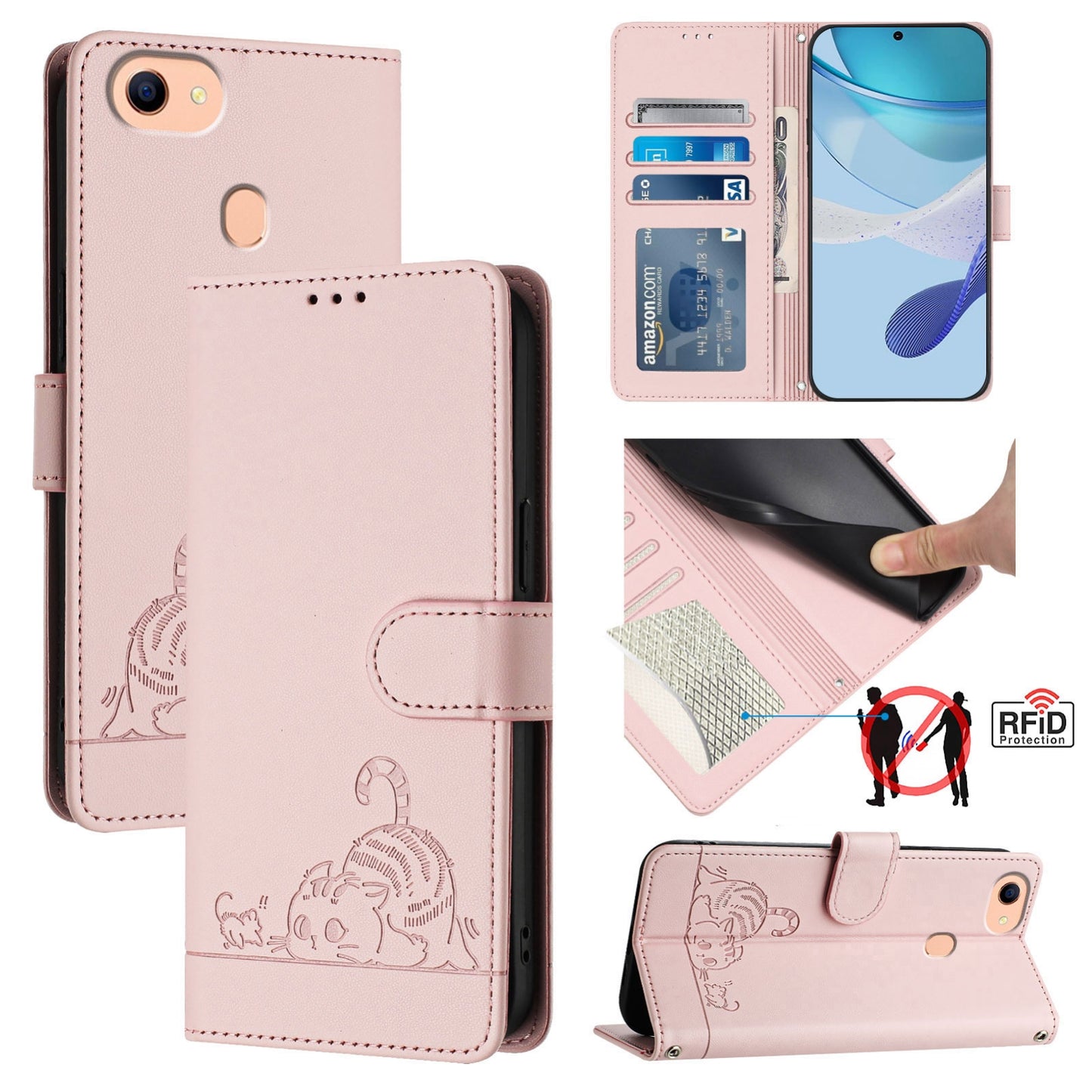 OPPO F17 Cat and Rat Embossed Pattern, RFID Leather Phone Case with Lanyard, Kickstand, and Wallet Features