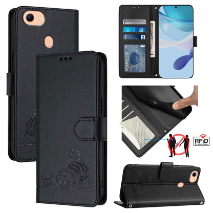 OPPO F17 Cat and Rat Embossed Pattern, RFID Leather Phone Case with Lanyard, Kickstand, and Wallet Features