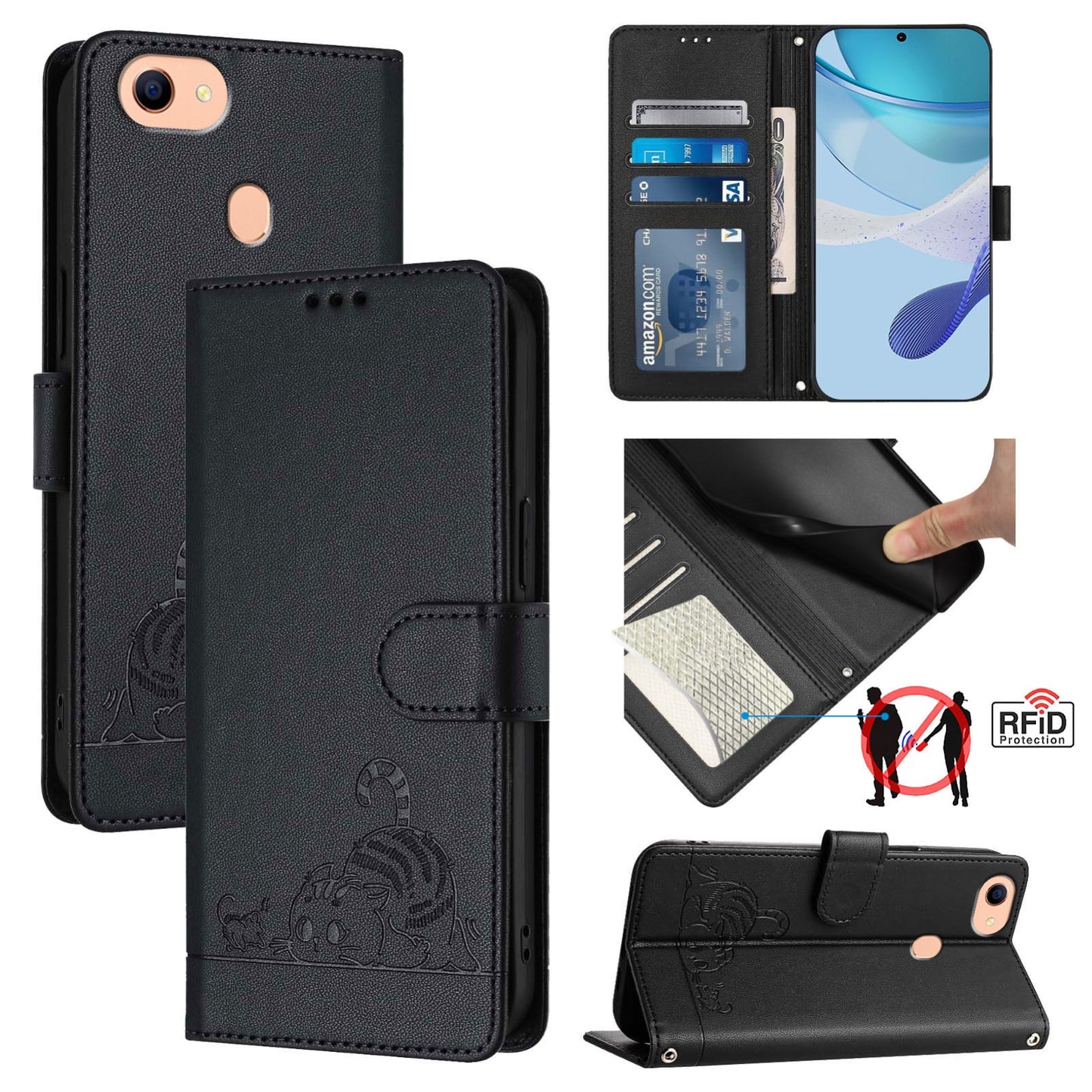 OPPO A73 2020 4G Global Cat and Rat Embossed Pattern, RFID Leather Phone Case with Lanyard, Kickstand, and Wallet Features
