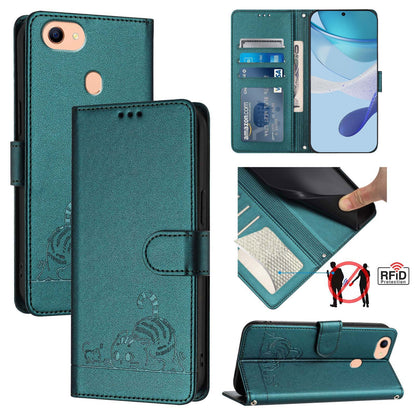 OPPO F17 Cat and Rat Embossed Pattern, RFID Leather Phone Case with Lanyard, Kickstand, and Wallet Features
