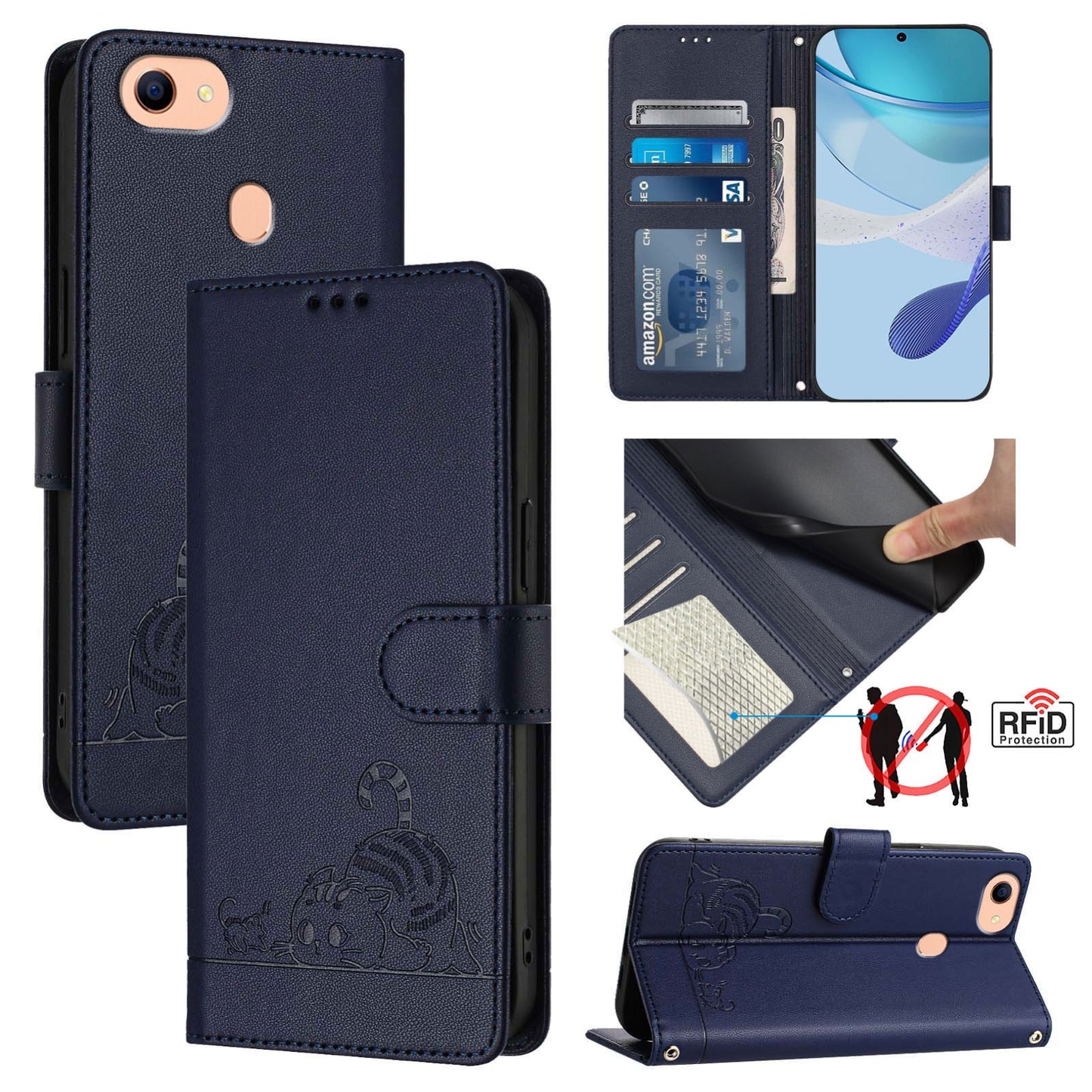 OPPO F17 Cat and Rat Embossed Pattern, RFID Leather Phone Case with Lanyard, Kickstand, and Wallet Features