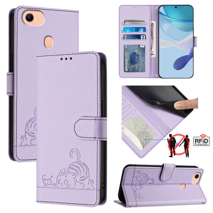 OPPO F17 Cat and Rat Embossed Pattern, RFID Leather Phone Case with Lanyard, Kickstand, and Wallet Features