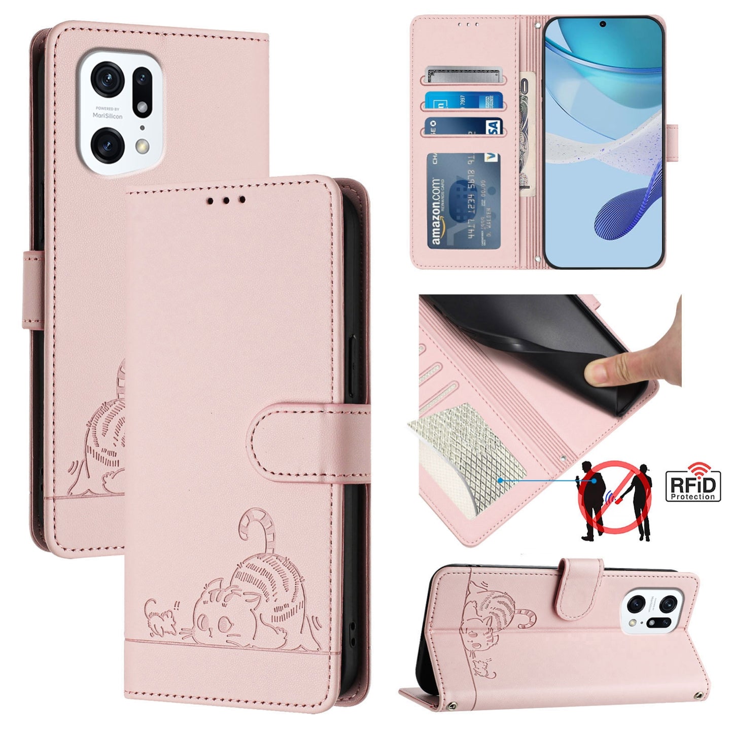 OPPO Find X5 Pro Cat and Rat Embossed Pattern, RFID Leather Phone Case with Lanyard, Kickstand, and Wallet Features