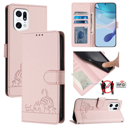 OPPO Find X5 Pro Cat and Rat Embossed Pattern, RFID Leather Phone Case with Lanyard, Kickstand, and Wallet Features