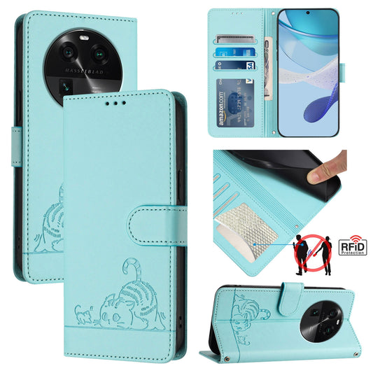OPPO Find X6 Cat and Rat Embossed Pattern, RFID Leather Phone Case with Lanyard, Kickstand, and Wallet Features