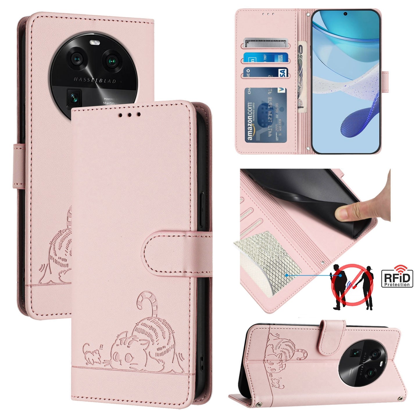 OPPO Find X6 Cat and Rat Embossed Pattern, RFID Leather Phone Case with Lanyard, Kickstand, and Wallet Features