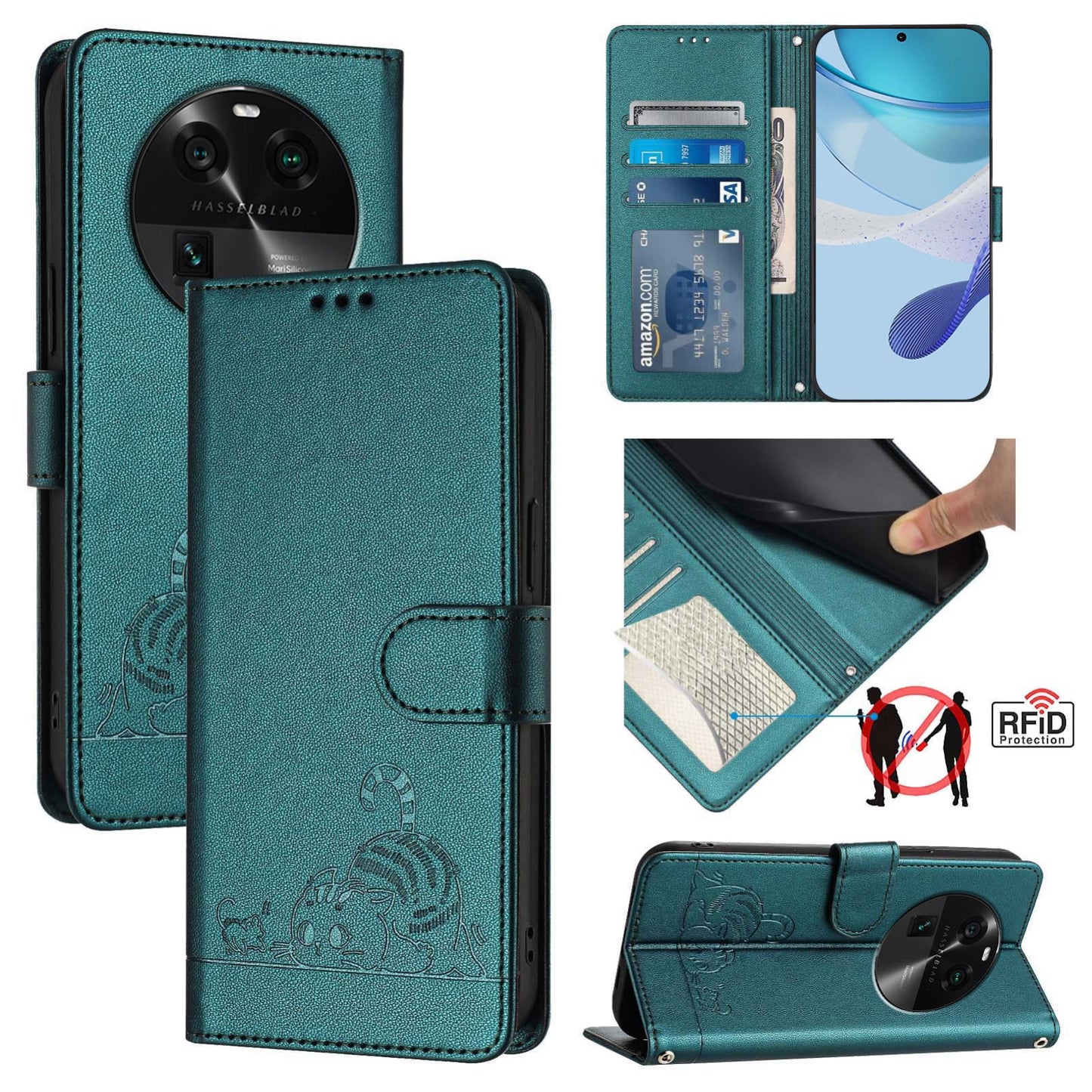 OPPO Find X6 Cat and Rat Embossed Pattern, RFID Leather Phone Case with Lanyard, Kickstand, and Wallet Features