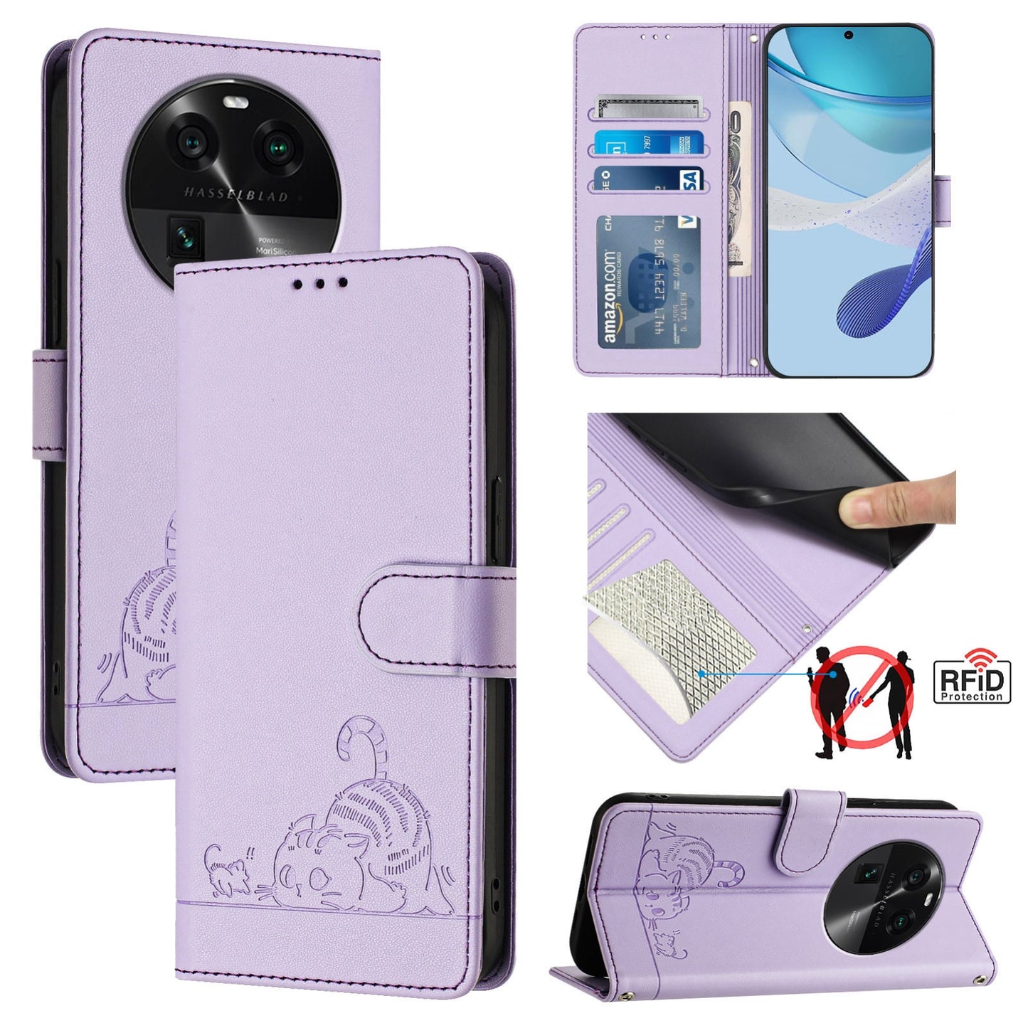 OPPO Find X6 Cat and Rat Embossed Pattern, RFID Leather Phone Case with Lanyard, Kickstand, and Wallet Features