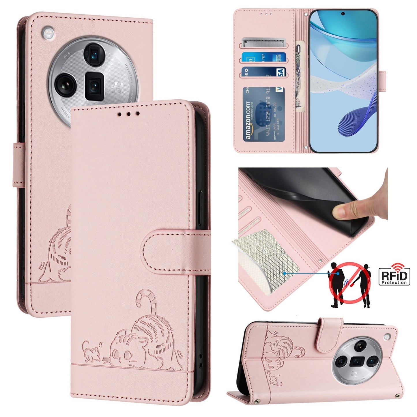 OPPO Find X7 Ultra Cat and Rat Embossed Pattern, RFID Leather Phone Case with Lanyard, Kickstand, and Wallet Features