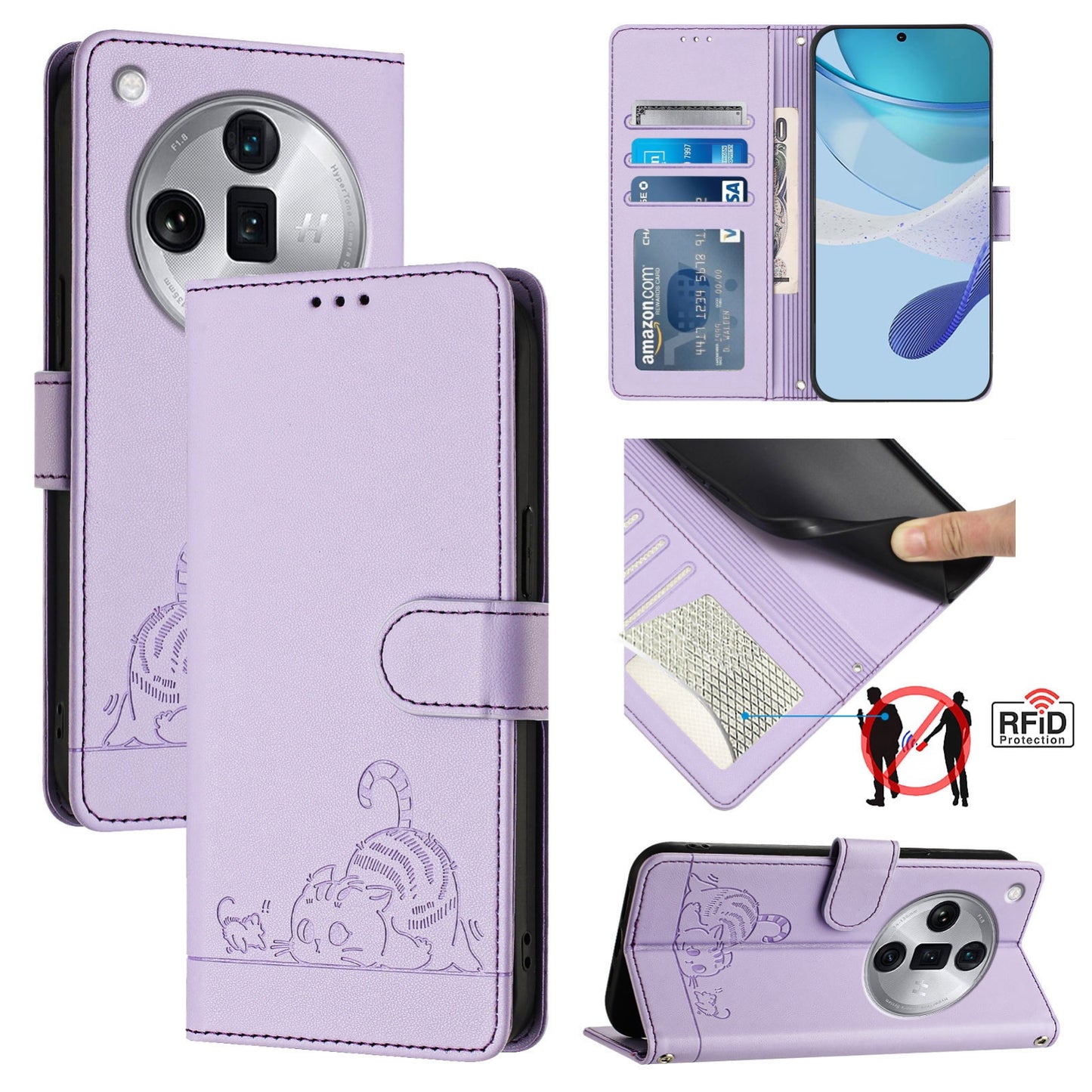 OPPO Find X7 Ultra Cat and Rat Embossed Pattern, RFID Leather Phone Case with Lanyard, Kickstand, and Wallet Features