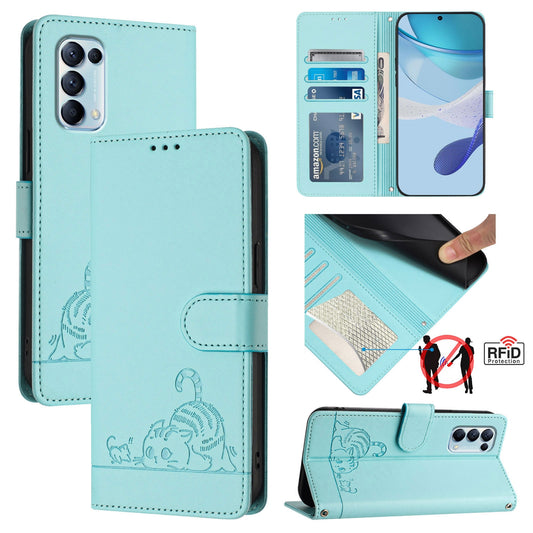 OPPO Reno5 4G Cat and Rat Embossed Pattern, RFID Leather Phone Case with Lanyard, Kickstand, and Wallet Features