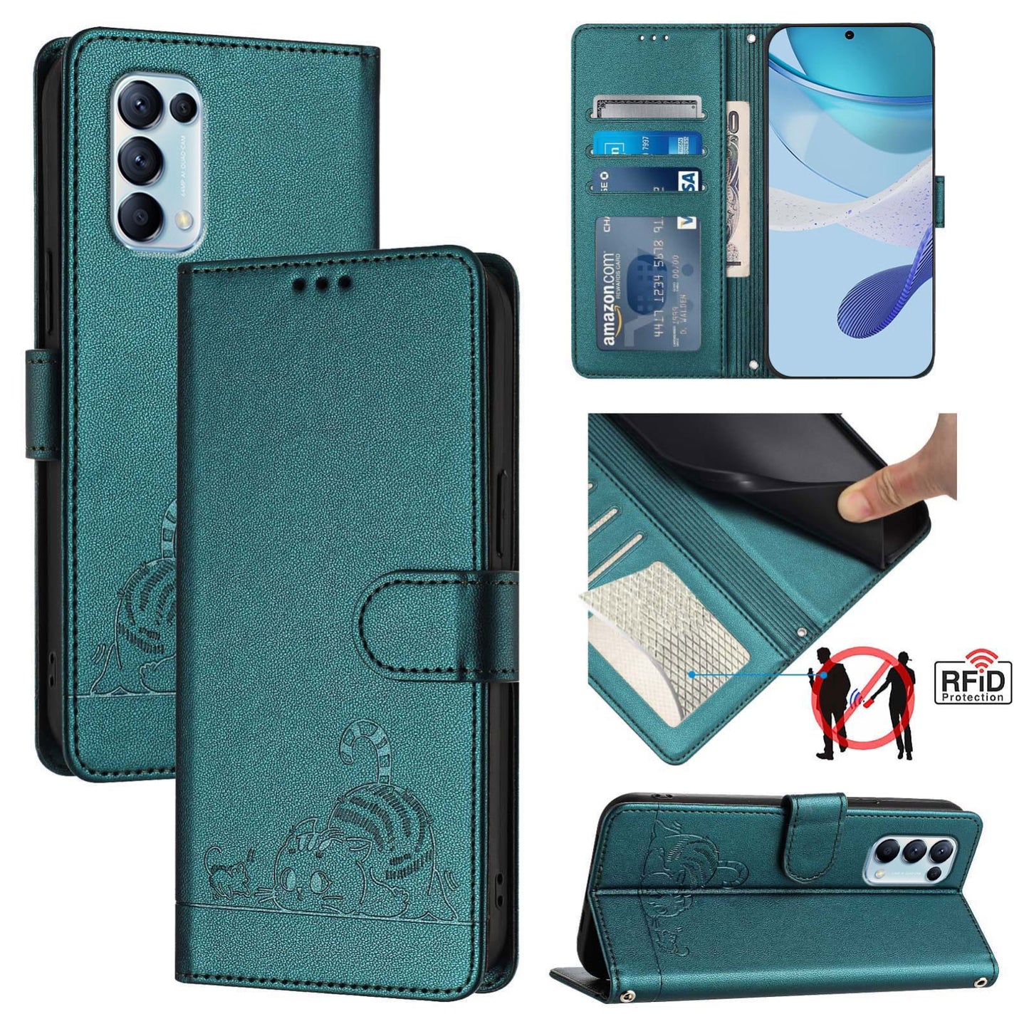 OPPO Reno5 4G Cat and Rat Embossed Pattern, RFID Leather Phone Case with Lanyard, Kickstand, and Wallet Features