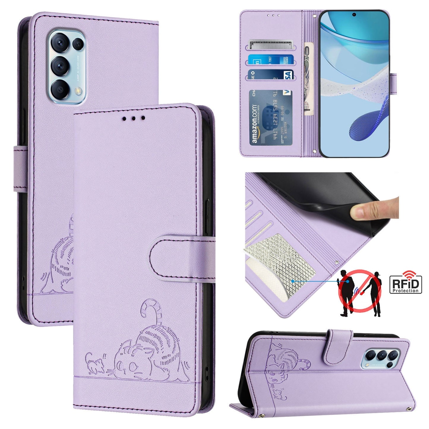 OPPO Reno5 5G Cat and Rat Embossed Pattern, RFID Leather Phone Case with Lanyard, Kickstand, and Wallet Features