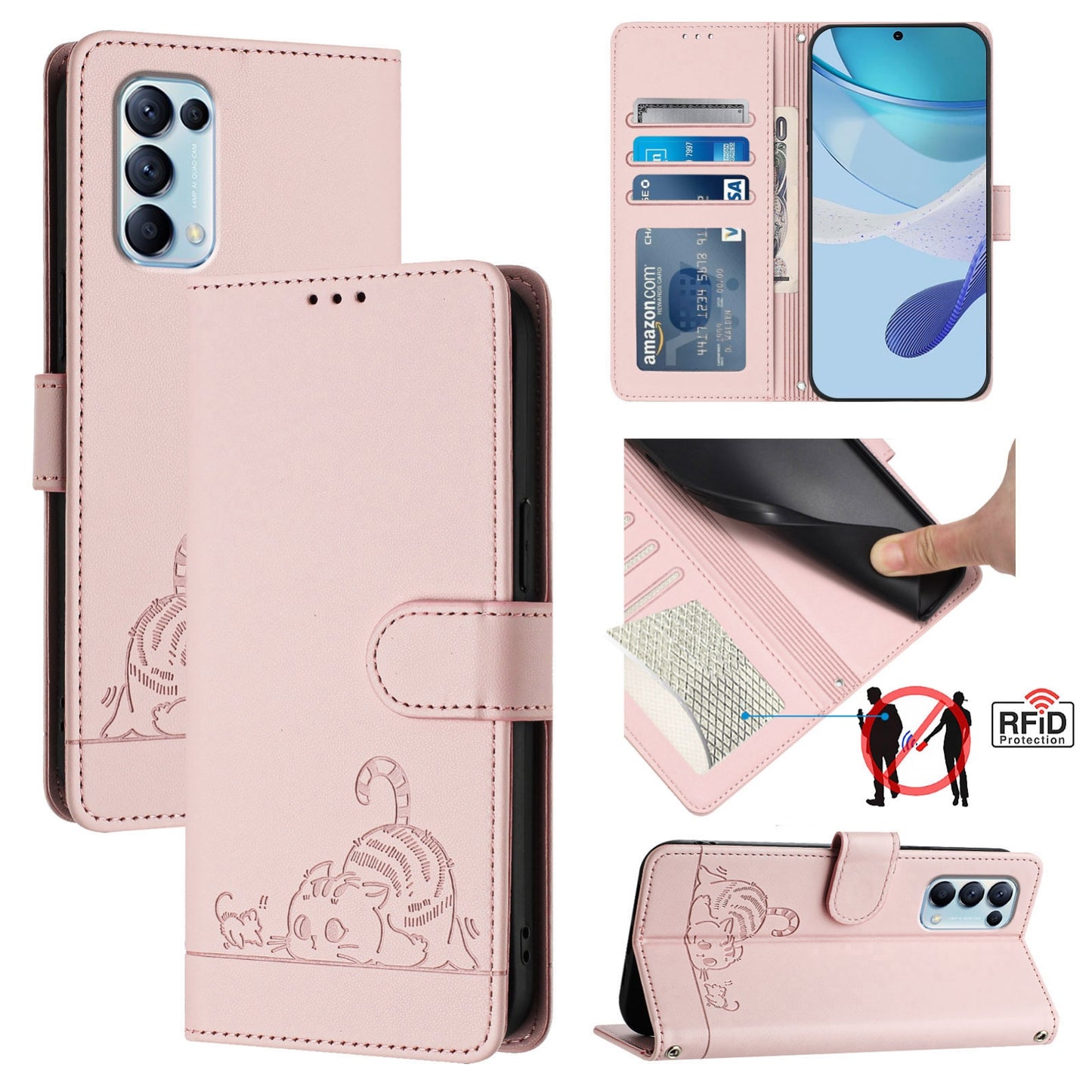 OPPO Find X3 Lite Cat and Rat Embossed Pattern, RFID Leather Phone Case with Lanyard, Kickstand, and Wallet Features