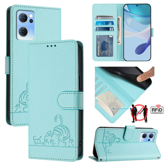 OPPO Reno7 5G Global Cat and Rat Embossed Pattern, RFID Leather Phone Case with Lanyard, Kickstand, and Wallet Features