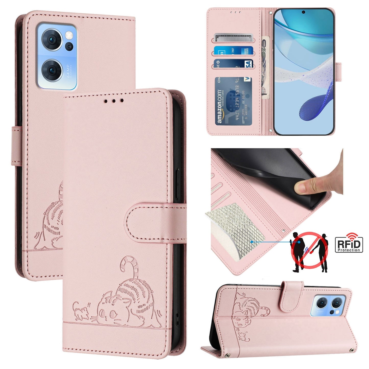 OPPO Find X5 Lite Cat and Rat Embossed Pattern, RFID Leather Phone Case with Lanyard, Kickstand, and Wallet Features