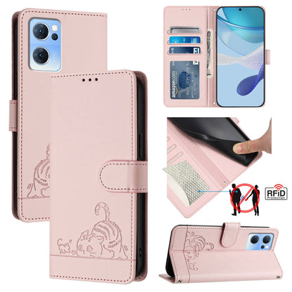 OPPO Find X5 Lite Cat and Rat Embossed Pattern, RFID Leather Phone Case with Lanyard, Kickstand, and Wallet Features