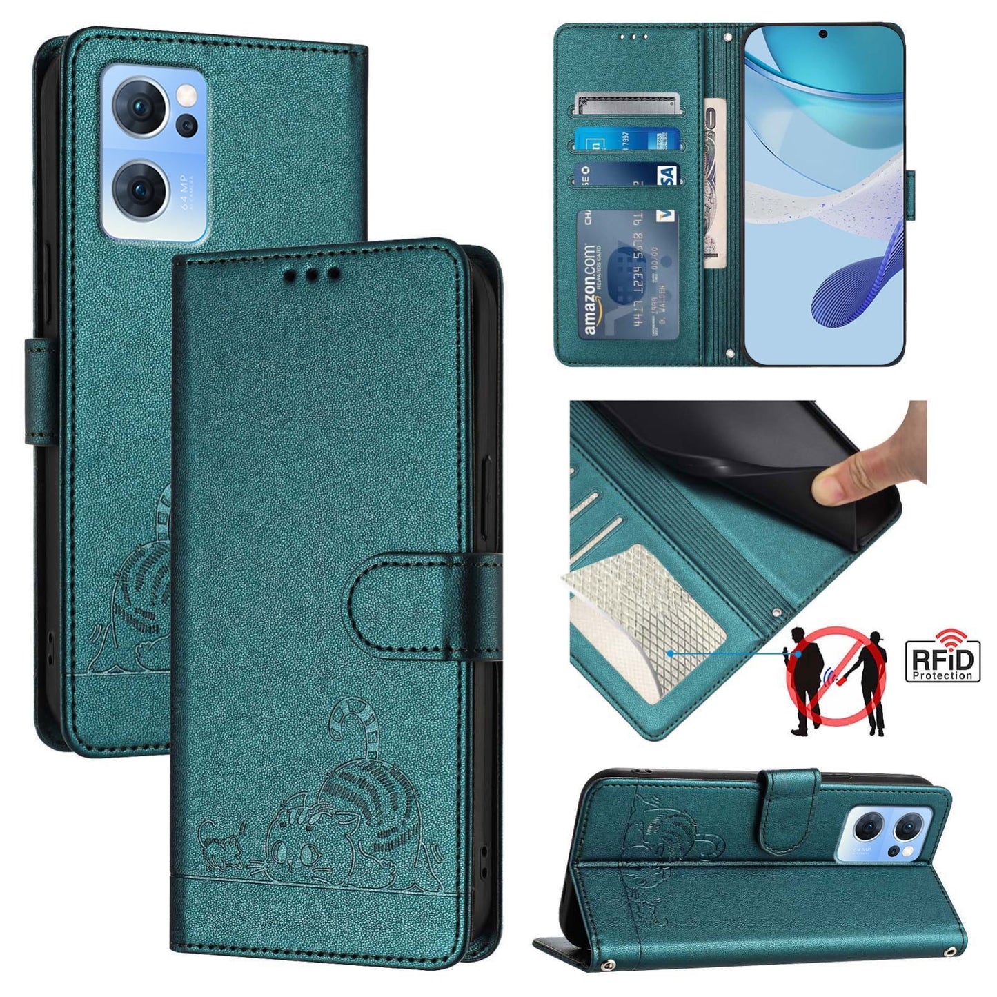 OPPO Find X5 Lite Cat and Rat Embossed Pattern, RFID Leather Phone Case with Lanyard, Kickstand, and Wallet Features