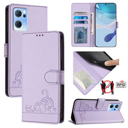 OPPO Find X5 Lite Cat and Rat Embossed Pattern, RFID Leather Phone Case with Lanyard, Kickstand, and Wallet Features