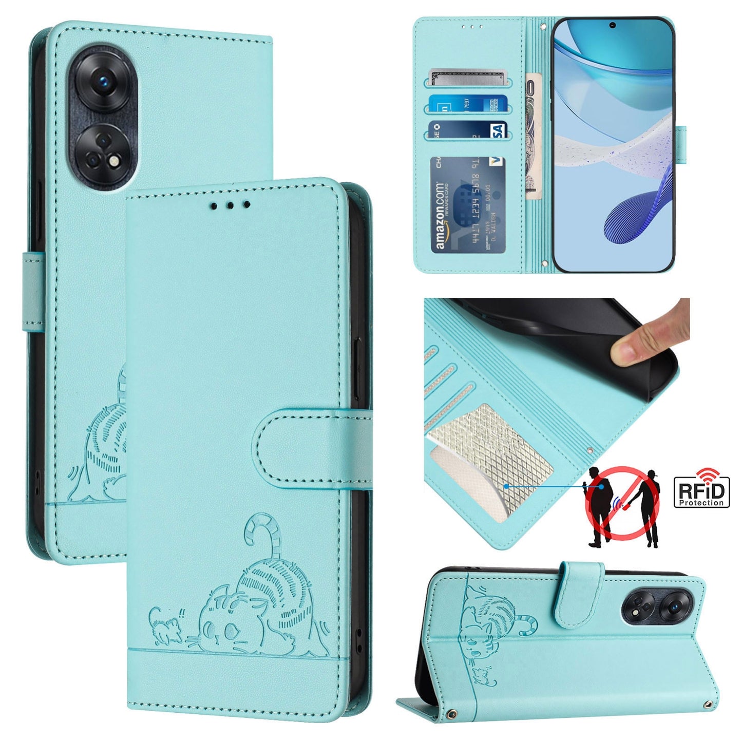 OPPO Reno8 T 4G Global Cat and Rat Embossed Pattern, RFID Leather Phone Case with Lanyard, Kickstand, and Wallet Features