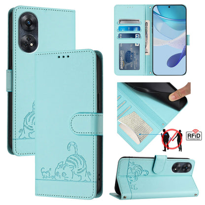 OPPO Reno8 T 4G Global Cat and Rat Embossed Pattern, RFID Leather Phone Case with Lanyard, Kickstand, and Wallet Features