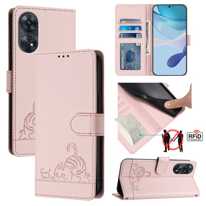 OPPO Reno8 T 4G Global Cat and Rat Embossed Pattern, RFID Leather Phone Case with Lanyard, Kickstand, and Wallet Features
