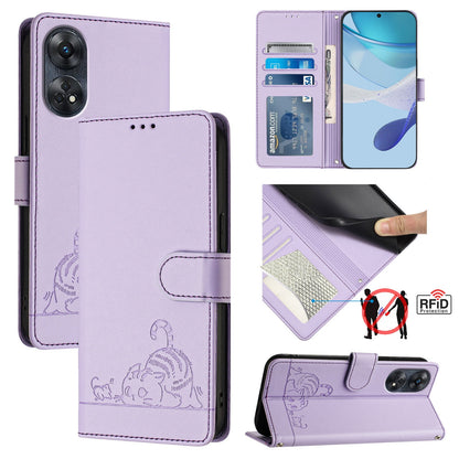 OPPO Reno8 T 4G Global Cat and Rat Embossed Pattern, RFID Leather Phone Case with Lanyard, Kickstand, and Wallet Features
