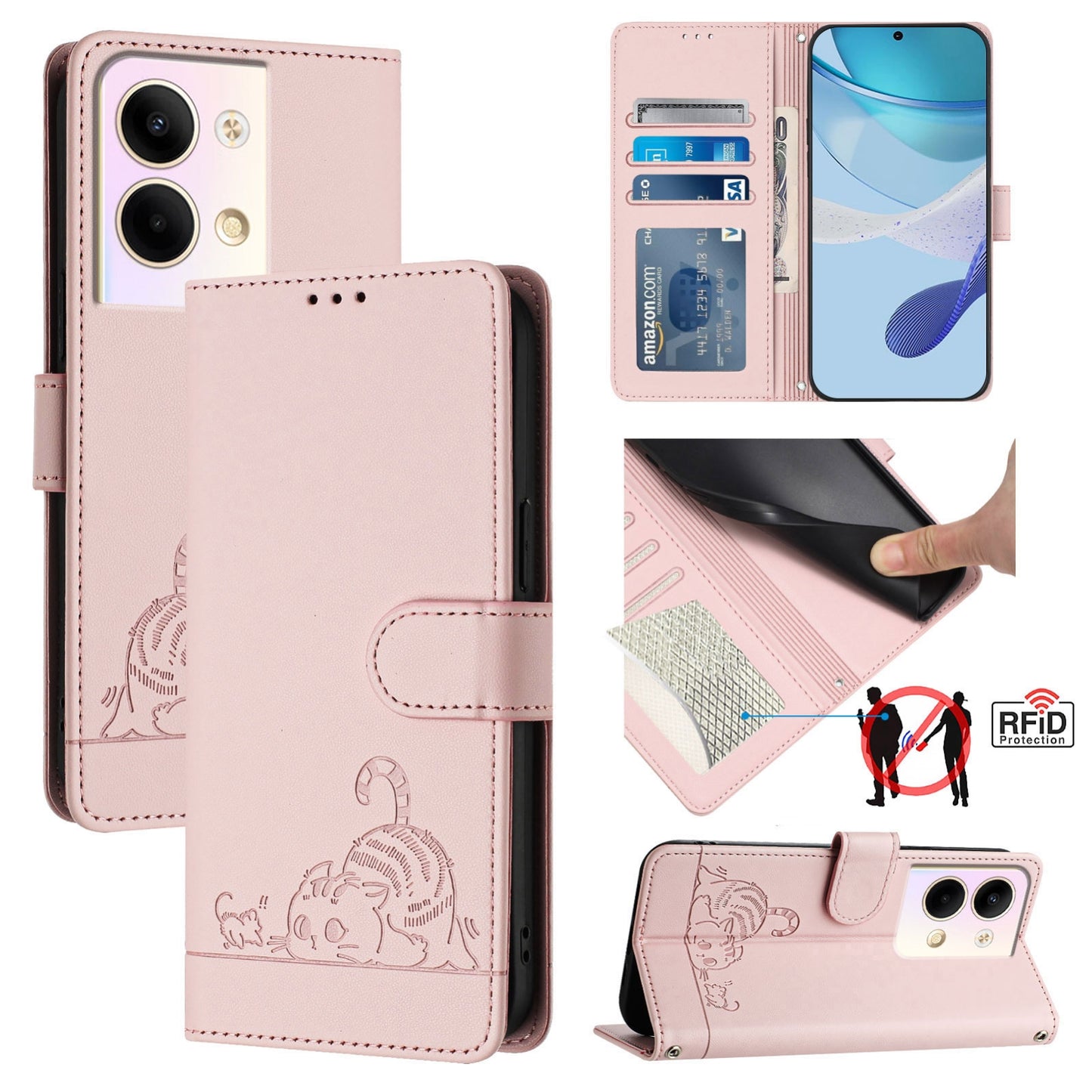 OPPO Reno9 5G Cat and Rat Embossed Pattern, RFID Leather Phone Case with Lanyard, Kickstand, and Wallet Features