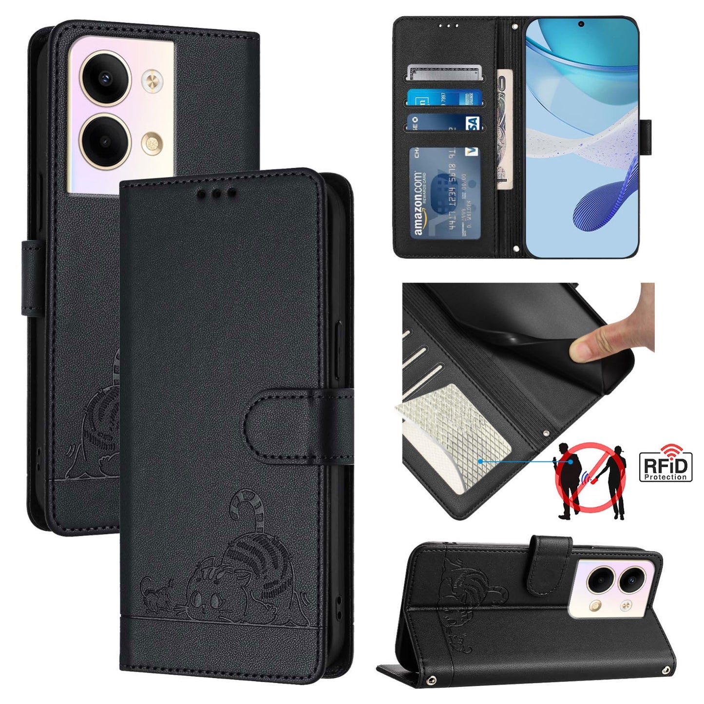 OPPO Reno9 5G Cat and Rat Embossed Pattern, RFID Leather Phone Case with Lanyard, Kickstand, and Wallet Features