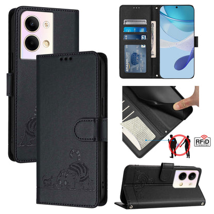 OPPO Reno9 5G Cat and Rat Embossed Pattern, RFID Leather Phone Case with Lanyard, Kickstand, and Wallet Features