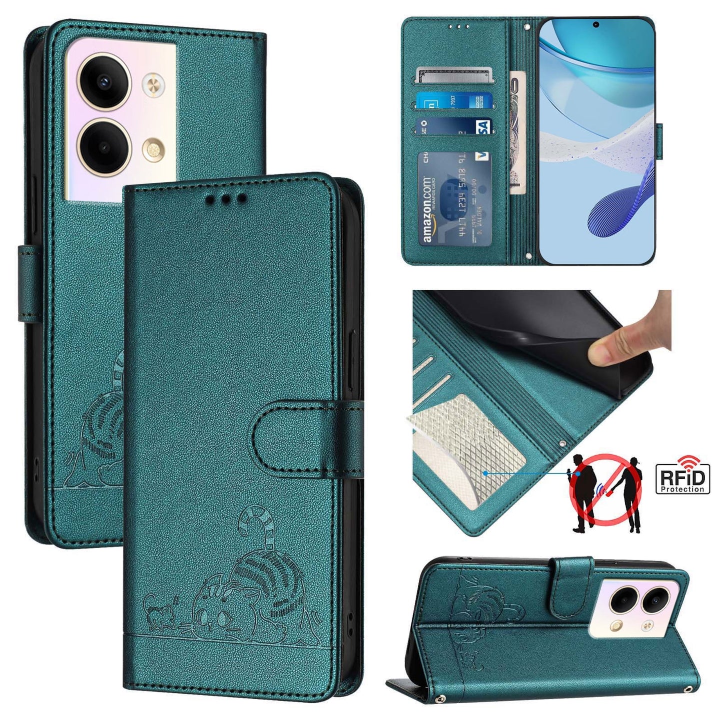 OPPO Reno9 5G Cat and Rat Embossed Pattern, RFID Leather Phone Case with Lanyard, Kickstand, and Wallet Features