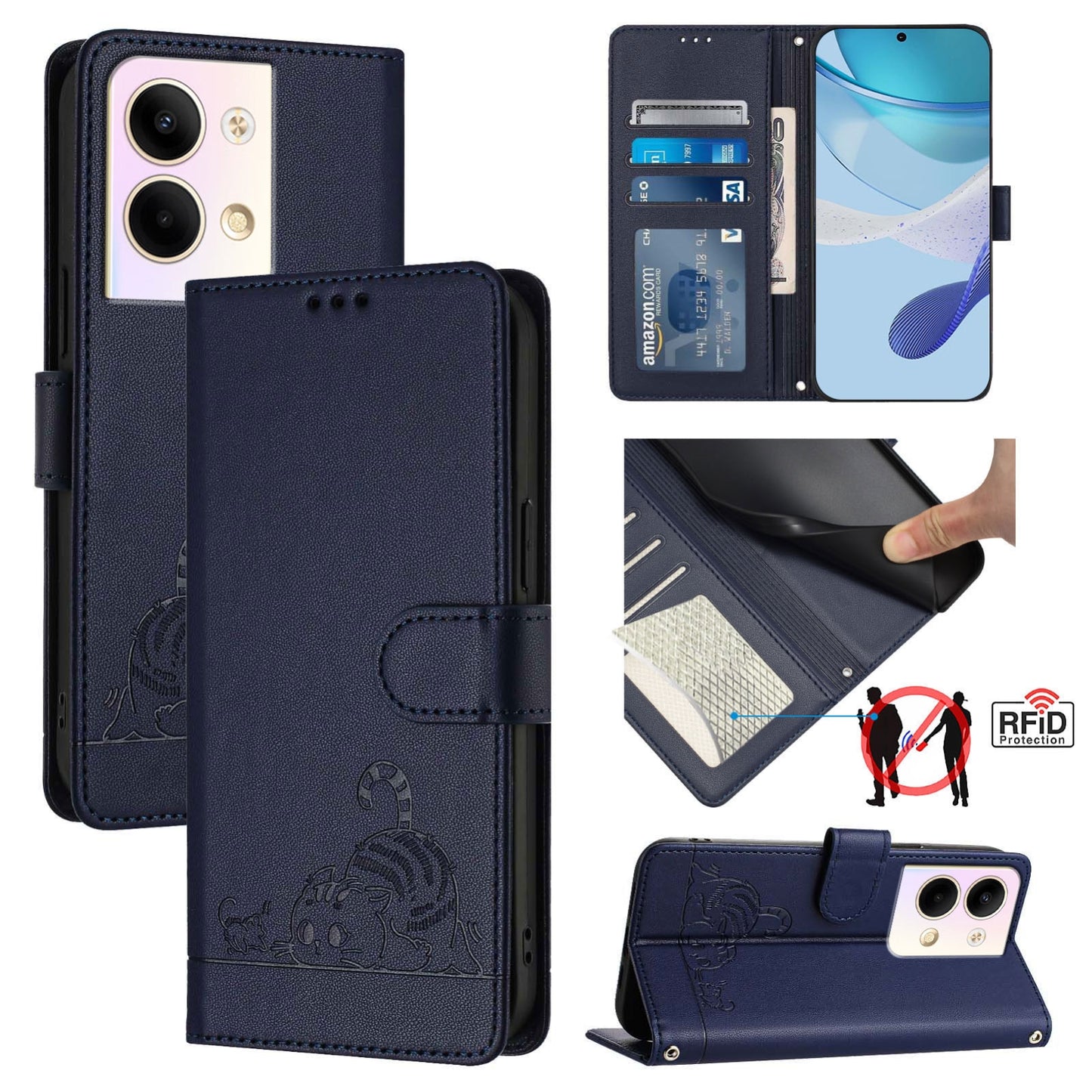 OPPO Reno9 5G Cat and Rat Embossed Pattern, RFID Leather Phone Case with Lanyard, Kickstand, and Wallet Features