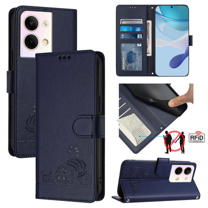 OPPO Reno9 5G Cat and Rat Embossed Pattern, RFID Leather Phone Case with Lanyard, Kickstand, and Wallet Features